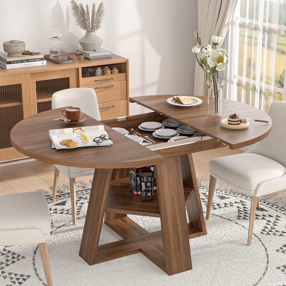 Modern Walnut Dining Table with Removable Leaves for 4-8 - Space Saving Design