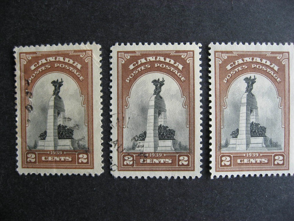 Canada Sc 247 war memorial 3 stamps with progressive centre shift