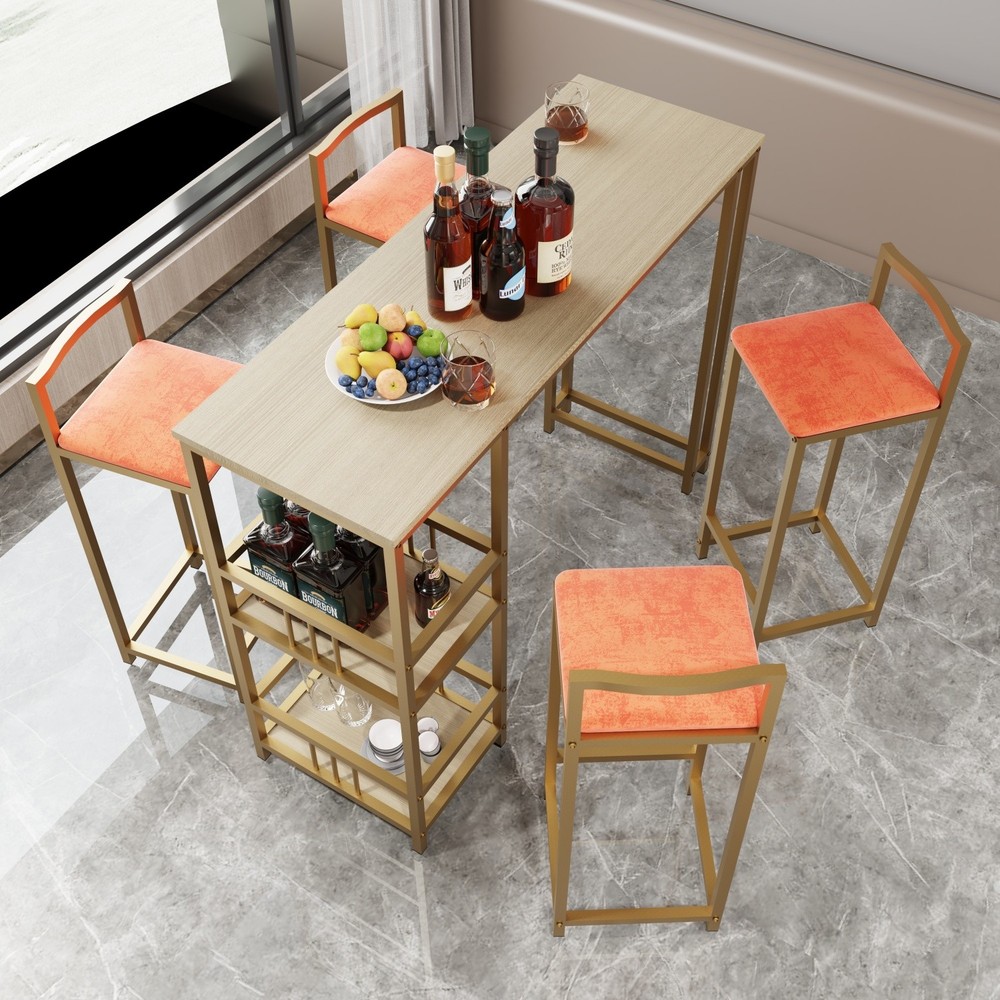 5 Piece Bar Table Set Counter Height Kitchen Rectangle Table w/ 4 Bar Chair