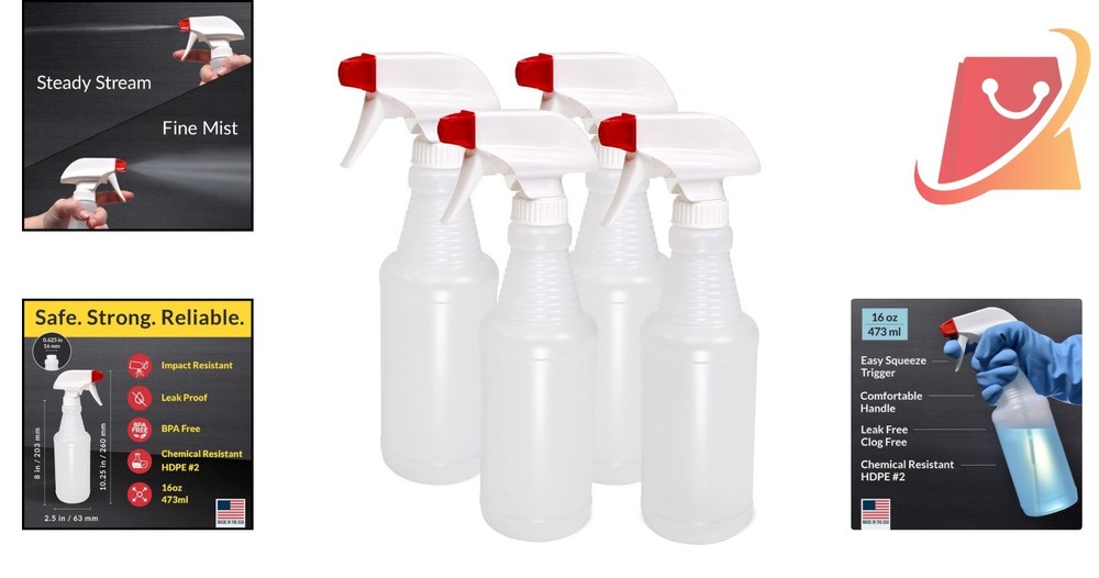 Plastic Spray Bottles 16 oz Leak Proof Refillable Multi-Purpose 4 Pack