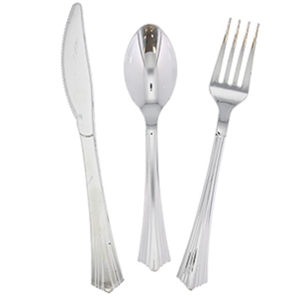 144. RESUABLE Silver Plastic Cutlery Metal Look Metallic Silver