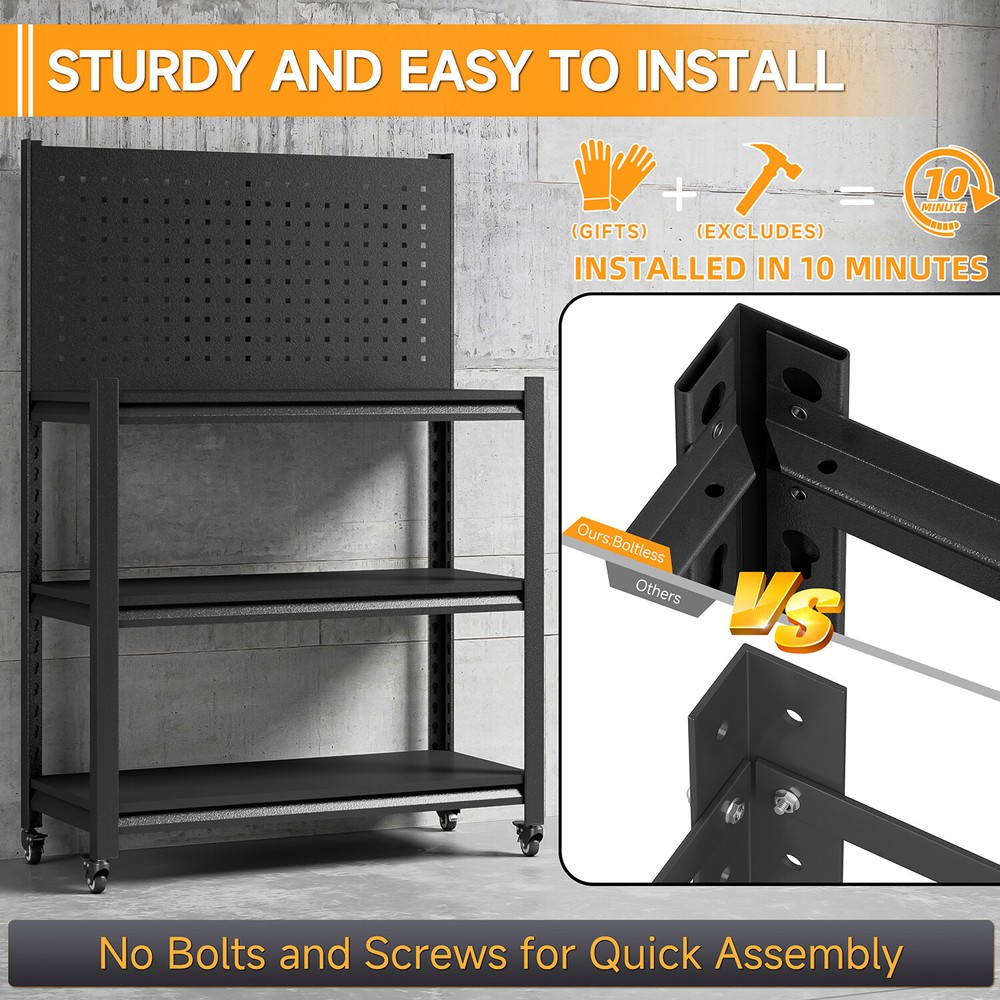 Metal Workshop Shelving Work Bench Garage Tool Storage Shelves W/Pegboard Wheels