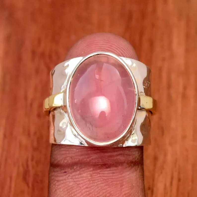 Solid 925 Sterling Silver Rose Quartz Oval Gemstone Hammered Wide Band Ring