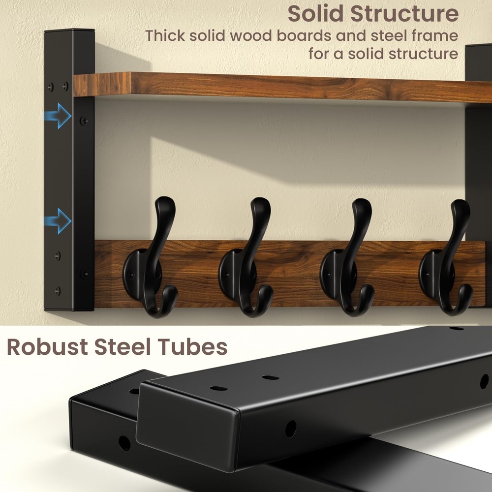 29'' Rustic Coat Rack Wall Mount with Shelf, Solid Wood Coat and Key Hanger w...