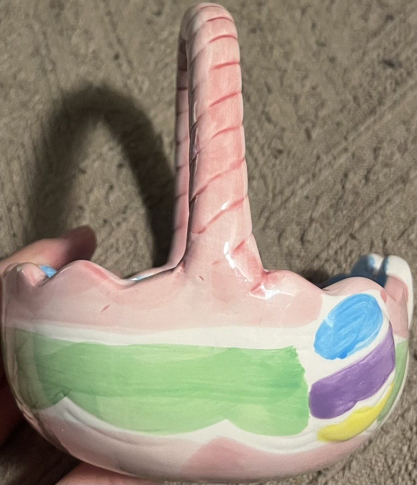 4.5” Hand Painted Pastel Ceramic Easter Basket Candy Dish Rabbit Egg Decoration