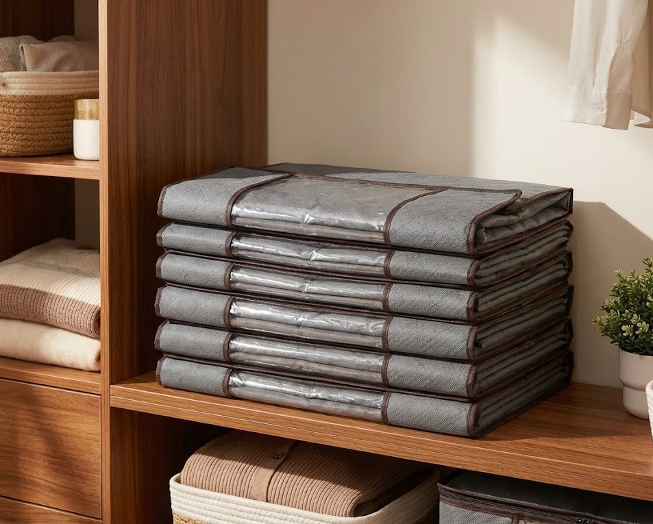 6 Pack Grey Fabric Storage Containers 24"x13" - Underbed Closet Organizer