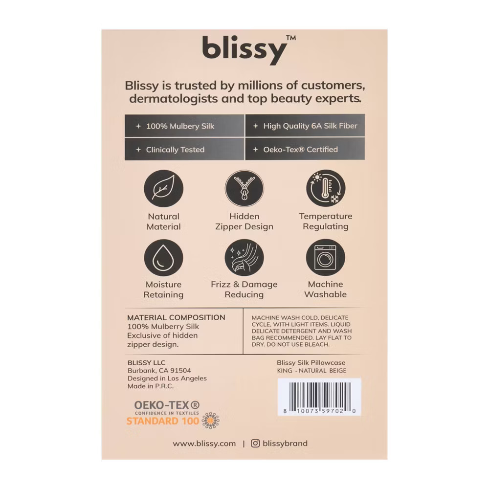 Blissy King 600 Thread Count Silk Pillowcase Natural Beige