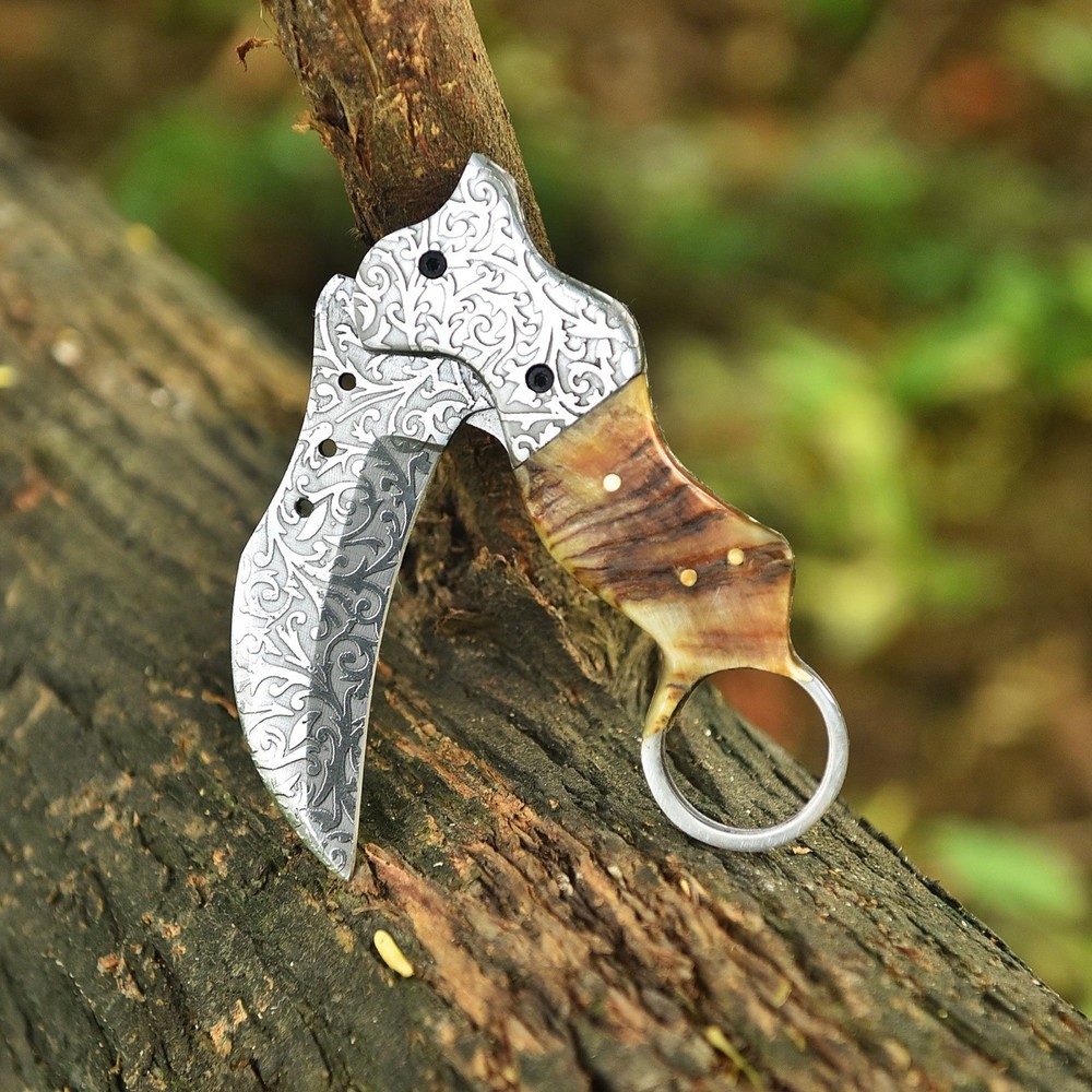 Damascus Folding Karambit Blade Pocket Knife Case -Original Camel Bone Handle