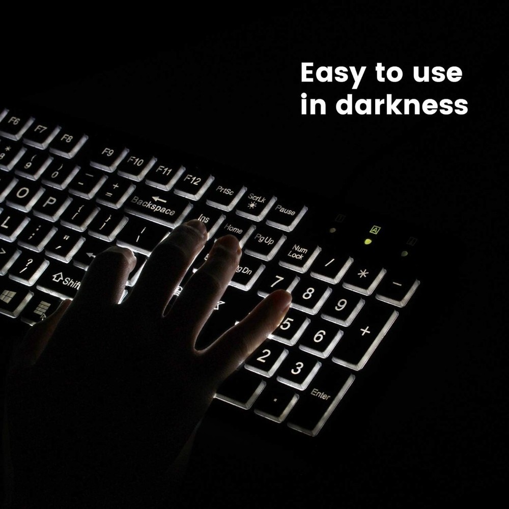 Large Print Computer Keyboard LED Lighted White Backlit Full Size Multimedia Key