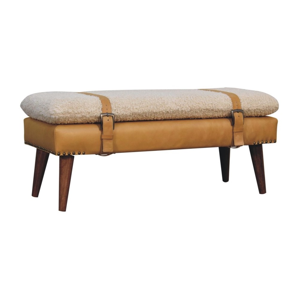Boucle and Tan Leather Bench