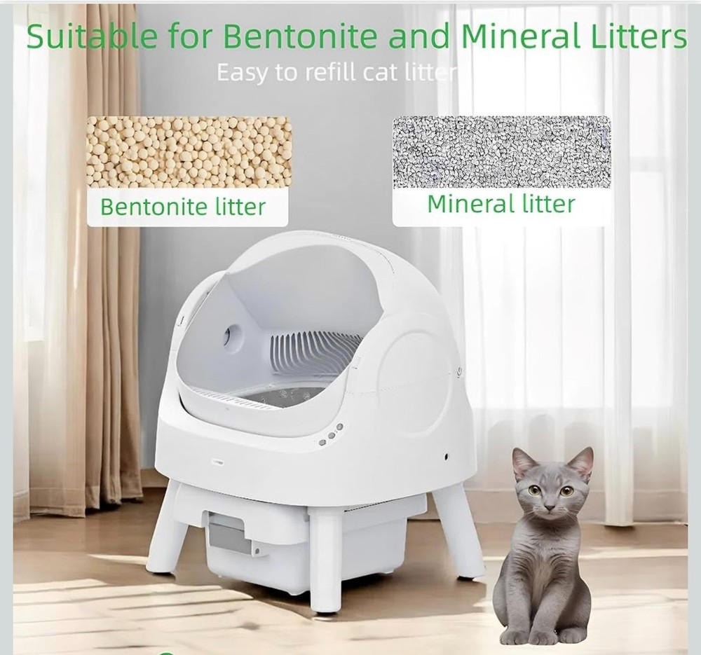 Automatic cleaning litter box, includes garbage bag and litter pad, white.