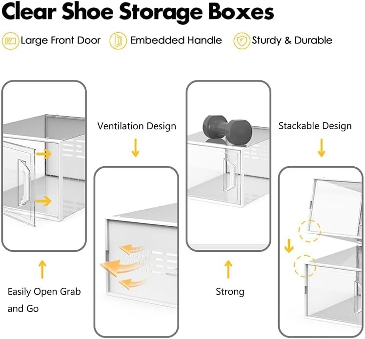 12Pack Shoe Storage Box Fit Size 11,Clear Plastic Stackable Shoe Organizer White