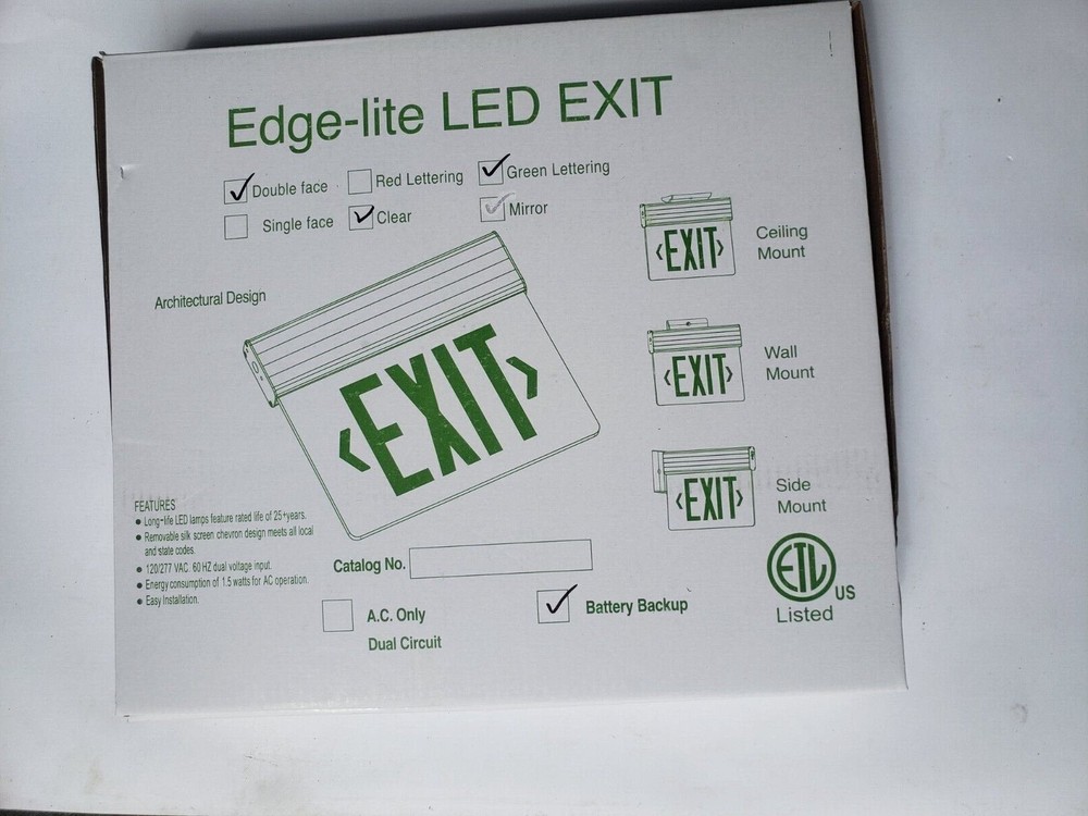 Edge-lit Exit Sign: 2 Faces, Green, Aluminum, Universal Field Selectable Chevron
