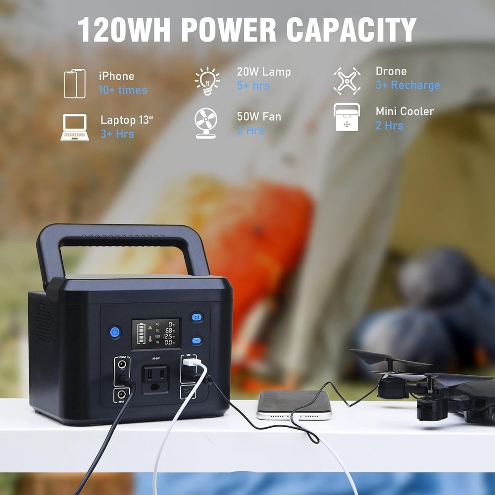 Advanced 120Wh Portable Power Station with Multiple Recharge Options & Outputs
