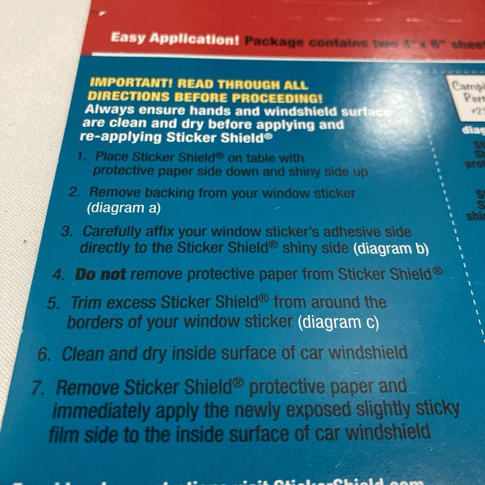 Sticker Shield Windshield Sticker for Easy Application & Removal - 4x6 2 Sheets
