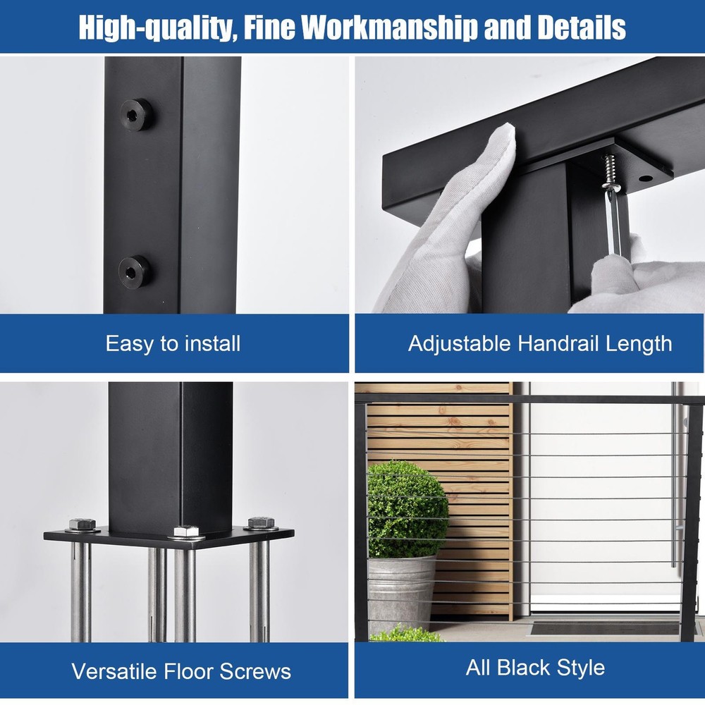 4.6'42" Stainless Steel Handrail Black Rectangular Top Rail Cable Railing System
