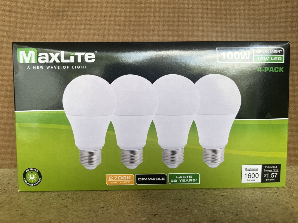 4 Pack Maxlite 13W LED Bulb = 100 watt replace A19 Soft White 2700K LED Light