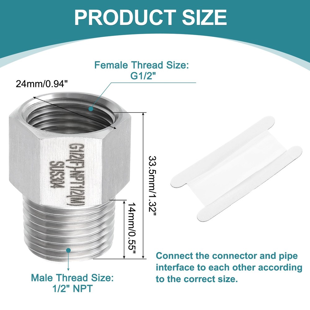 Pipe Fitting Reducing Adapter 1/2" NPT x G1/2" Reducer Connectors Silver