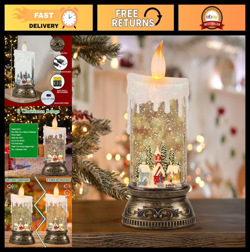 Musical Snow Globe Lantern with Timer, Battery & USB Powered Lighted Candle Lamp
