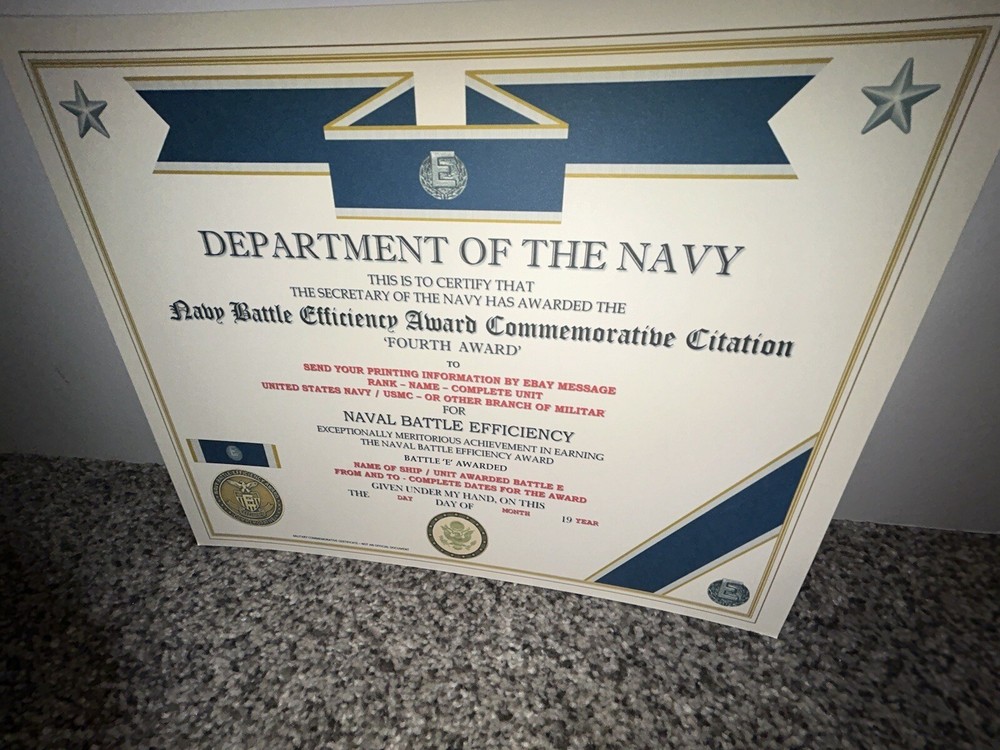 NAVY BATTLE E CITATION~4TH AWARD COMMEMORATIVE CERTIFICATE ~ TYPE-2 / W/PRINTING