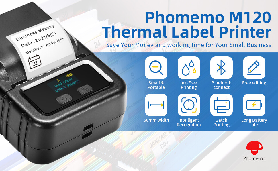 Phomemo M120 Portable Mini Thermal Label Maker Bluetooth Mobile Printer Wireless