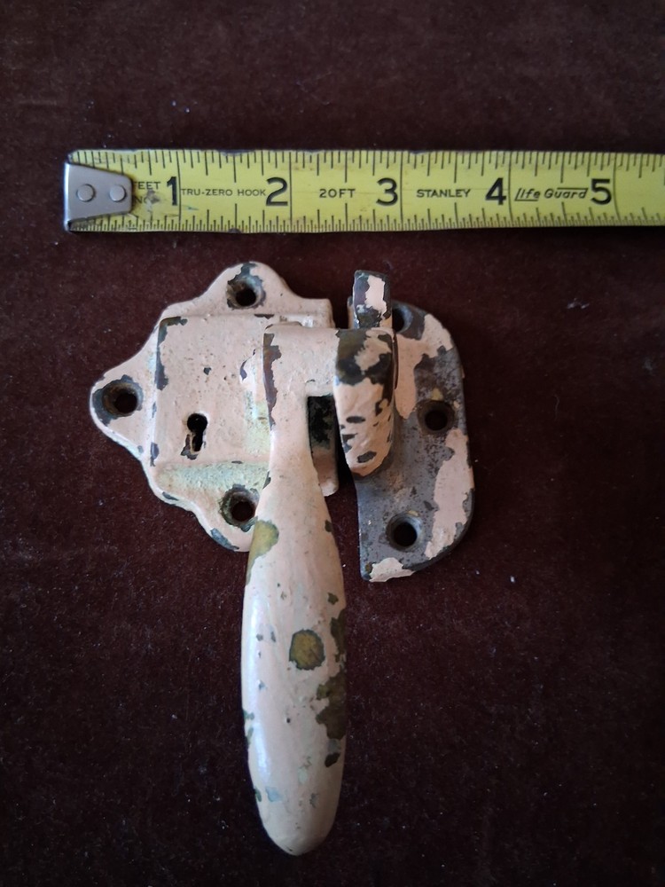 antique brass ice box locking door latch hardware handle & keeper-no key