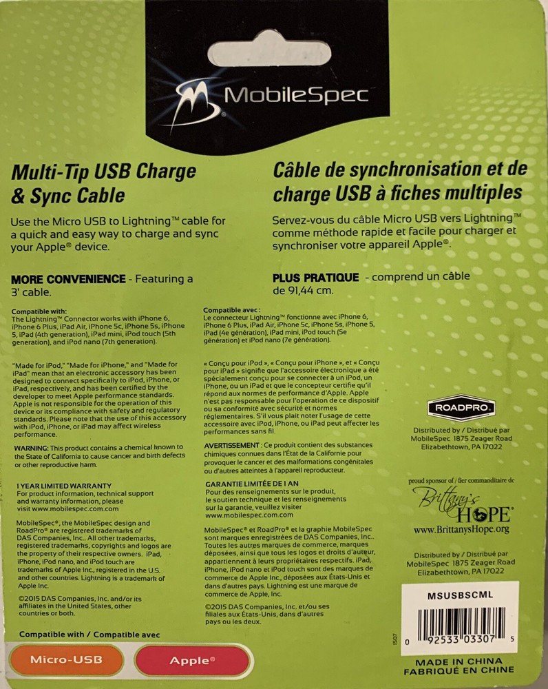 MobileSpec (MSUSBCML) Multi-Tip USB Charge & Sync 3ft Cable (for Apple Products)