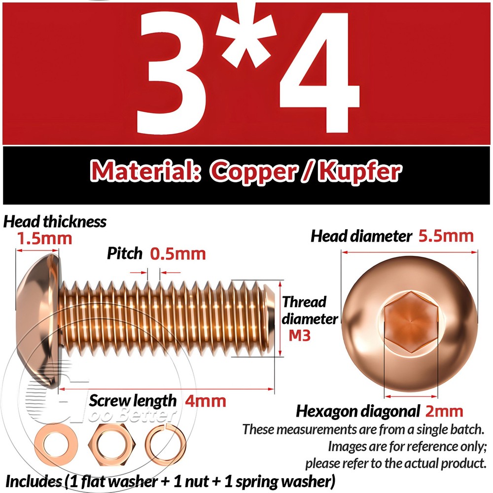 COPPER BUTTON HEAD SCREWS ALLEN SOCKET BOLTS WITH FLAT WASHER & NUT DIN 7380