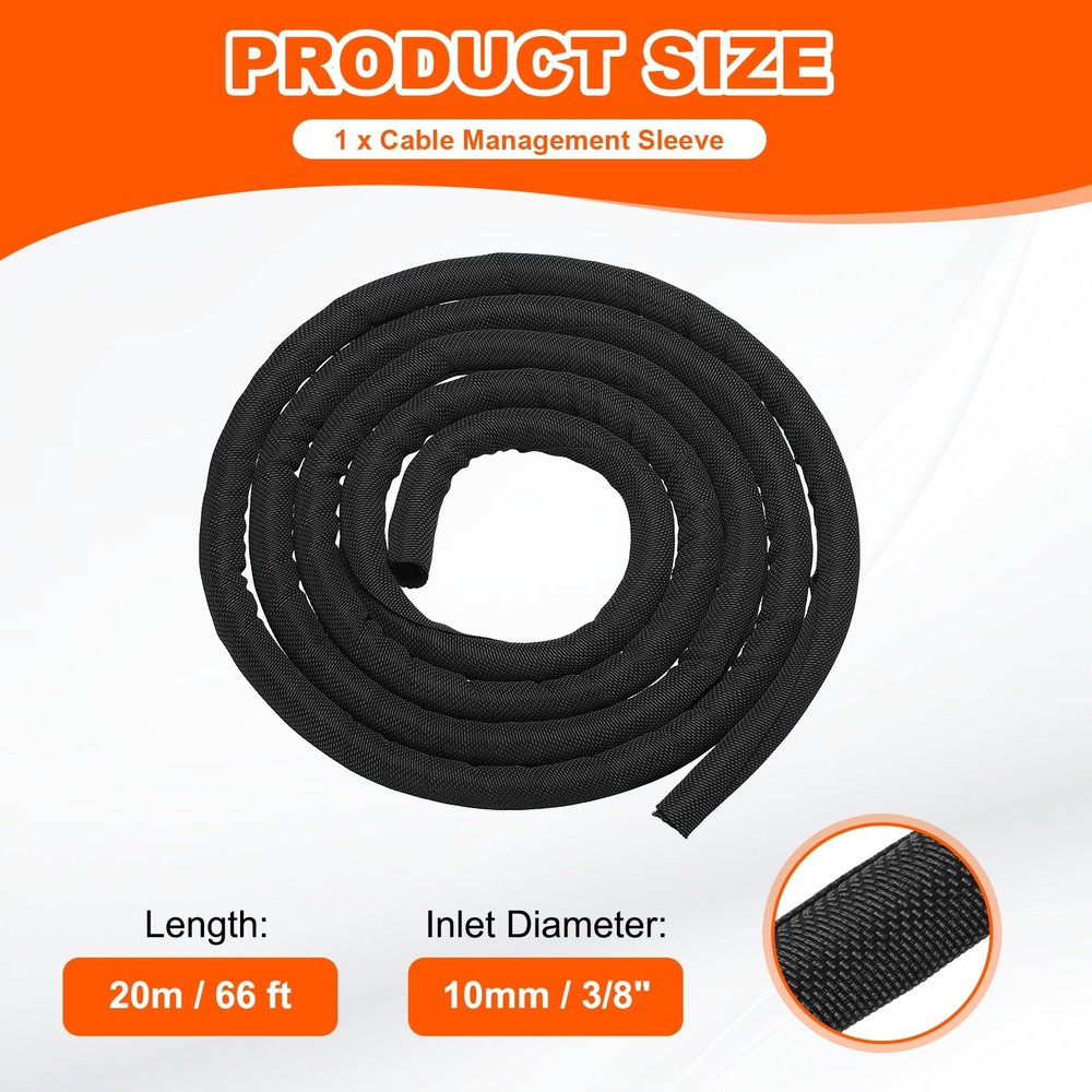 Wire Split Braided Cable Management Sleeve, Black (3/8" - 66 Feet)