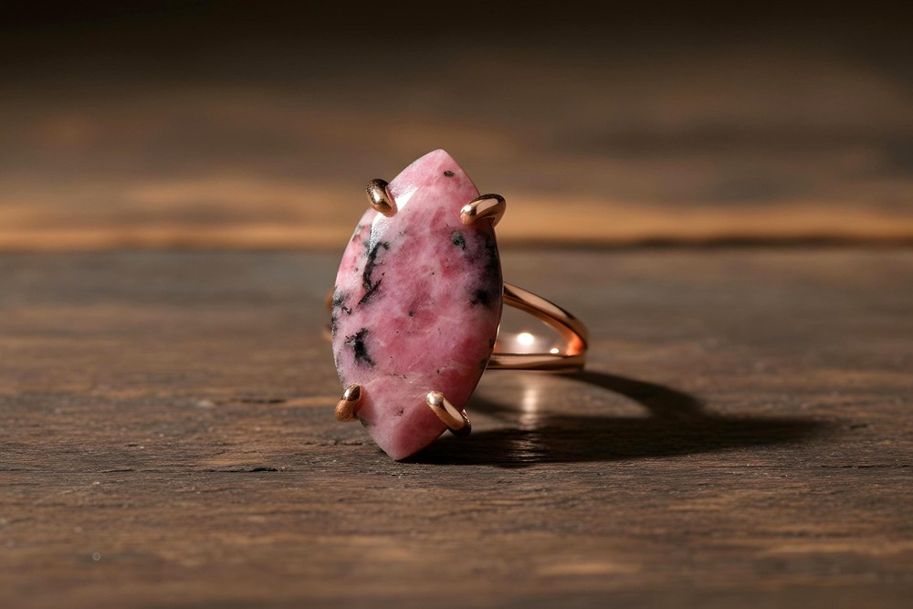 Rhodonite Statement Ring Anemone Marquise Cut 14k Solid Gold Pink Gemstone
