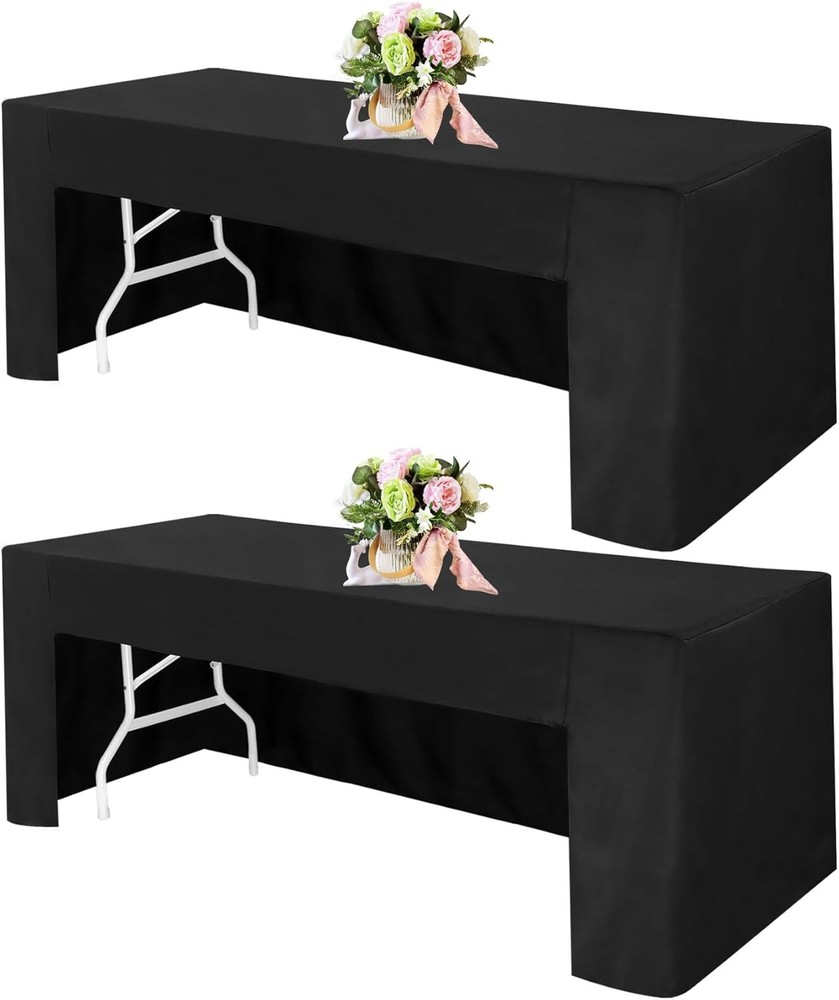 2 Pack 6FT Open Back Fitted Tablecloths, Black Table Clothes for 6 Foot Recta...
