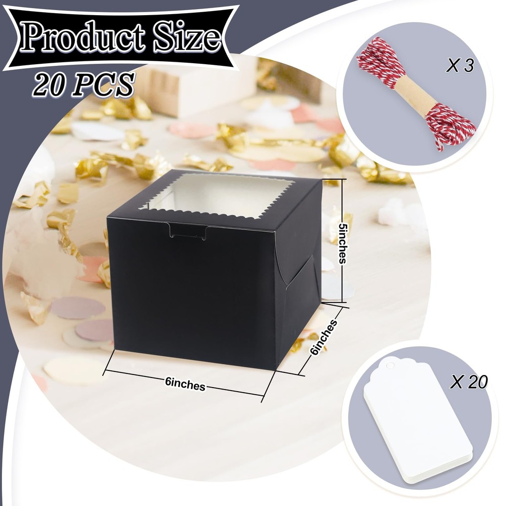 20Pcs Mini Cake Boxes with Window, 6x6x5 Inches Black Bakery Boxes, Small 4 C...