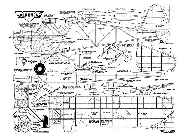 Aeronca Tandem Powered Free Flight Control Line 48" Model Airplane Printed Plans