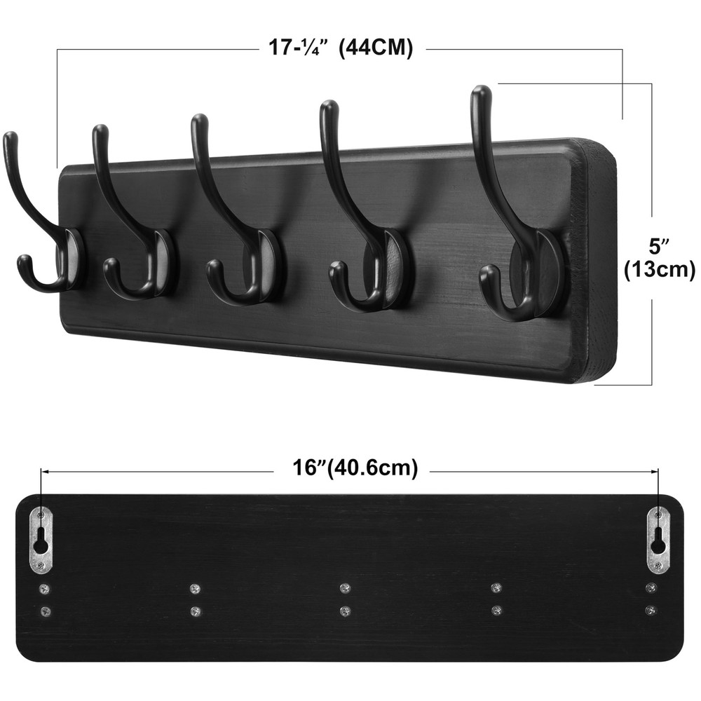Rustic Wall Mounted Coat Rack Pine Solid Wood Coat Hook Hanger with 5 Hooks