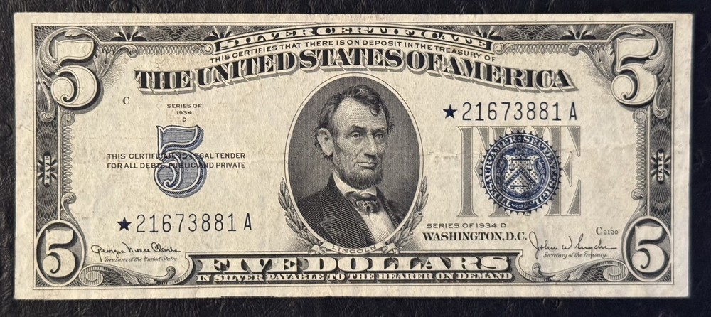1934-D $5 FIVE DOLLARS *STAR* SILVER CERTIFICATE NOTE WIDE I