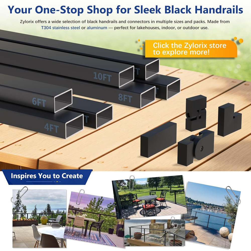 8FT Rust-Resistant Aluminum Black Handrail for Decks - DIY Cable Railing System