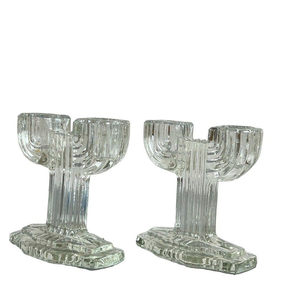 Retro Glass Candlestick Holders Pair