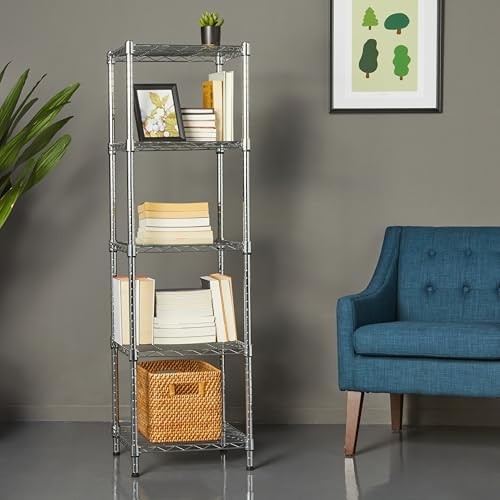 Amazon Basics 5-Shelf Tower Adjustable Storage Shelving Unit, Chrome, 16 D x 16