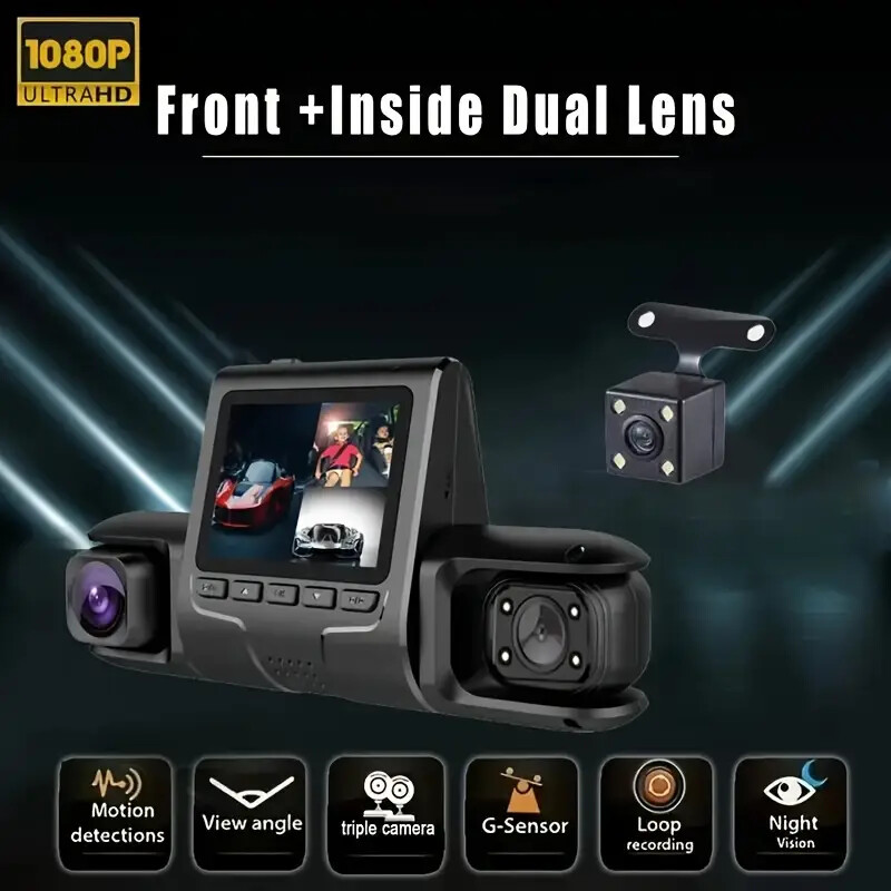 2-Inch 3 Lenses Dash Cam Front Rear Inside 1080P Car DVR Dashboard Camera