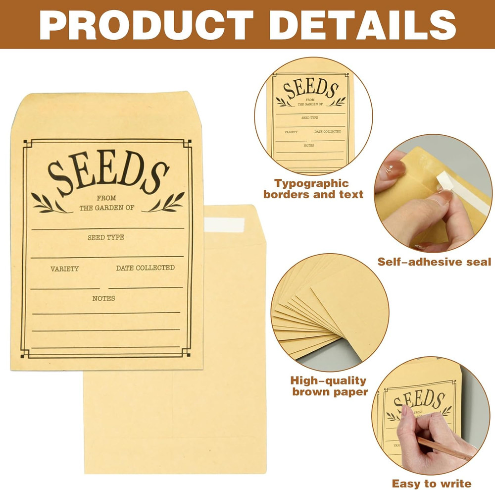 100Pcs Seed Envelopes, Seed Envelopes Resealable Brown Paper Seed Packets Envelo