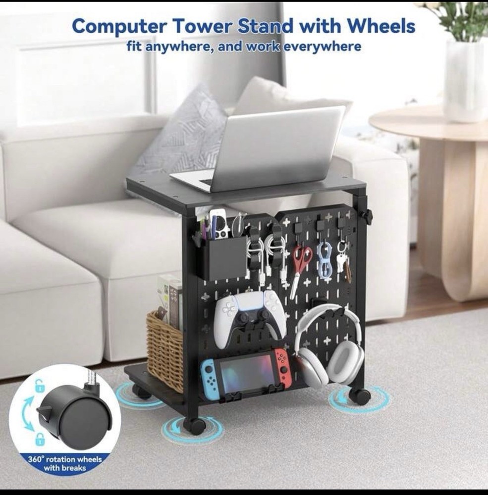 Height Adjustable Computer Tower Stand with USB Charging Port & Locking Wheels -