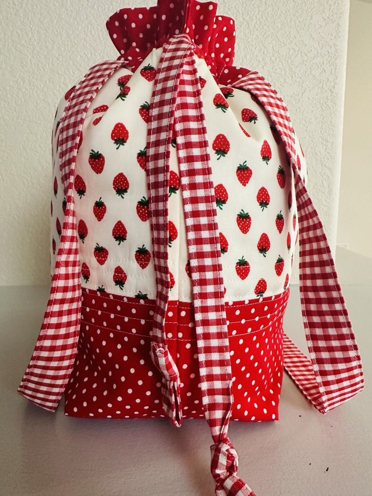 Handmade Quilted Project Bag With Handles. Strawberries