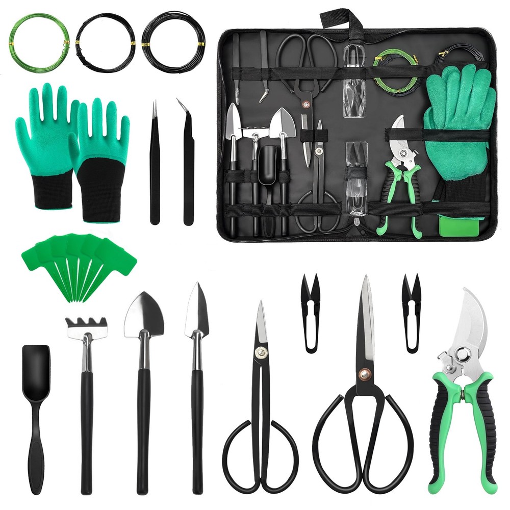 21 PCS Bonsai Tool Kit With Pruning Shears Scissors PU Leather Bag Beginners