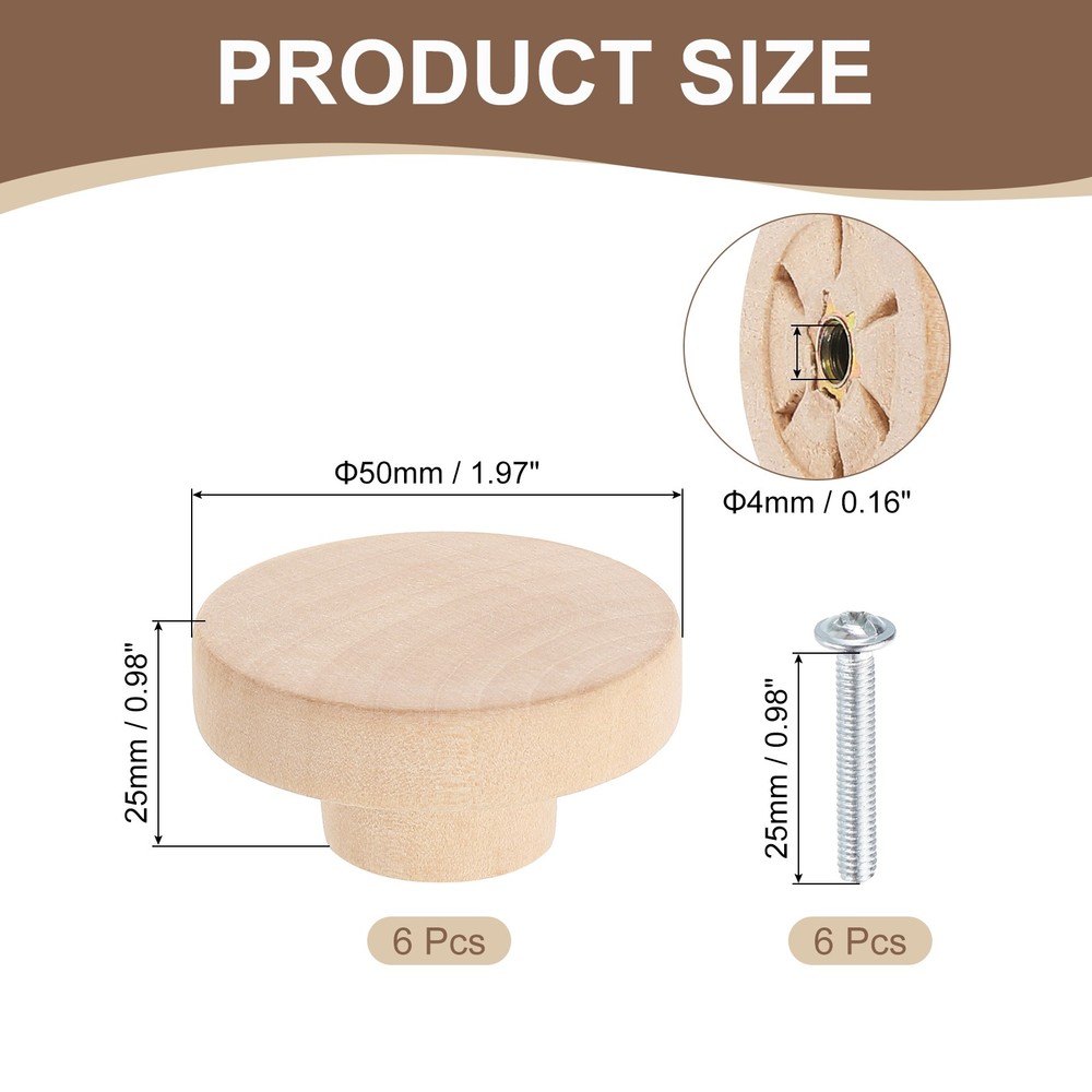6 Set Round Wood Drawer Knob 2" Diameter Flat Round Dresser Knobs Wooden Knobs