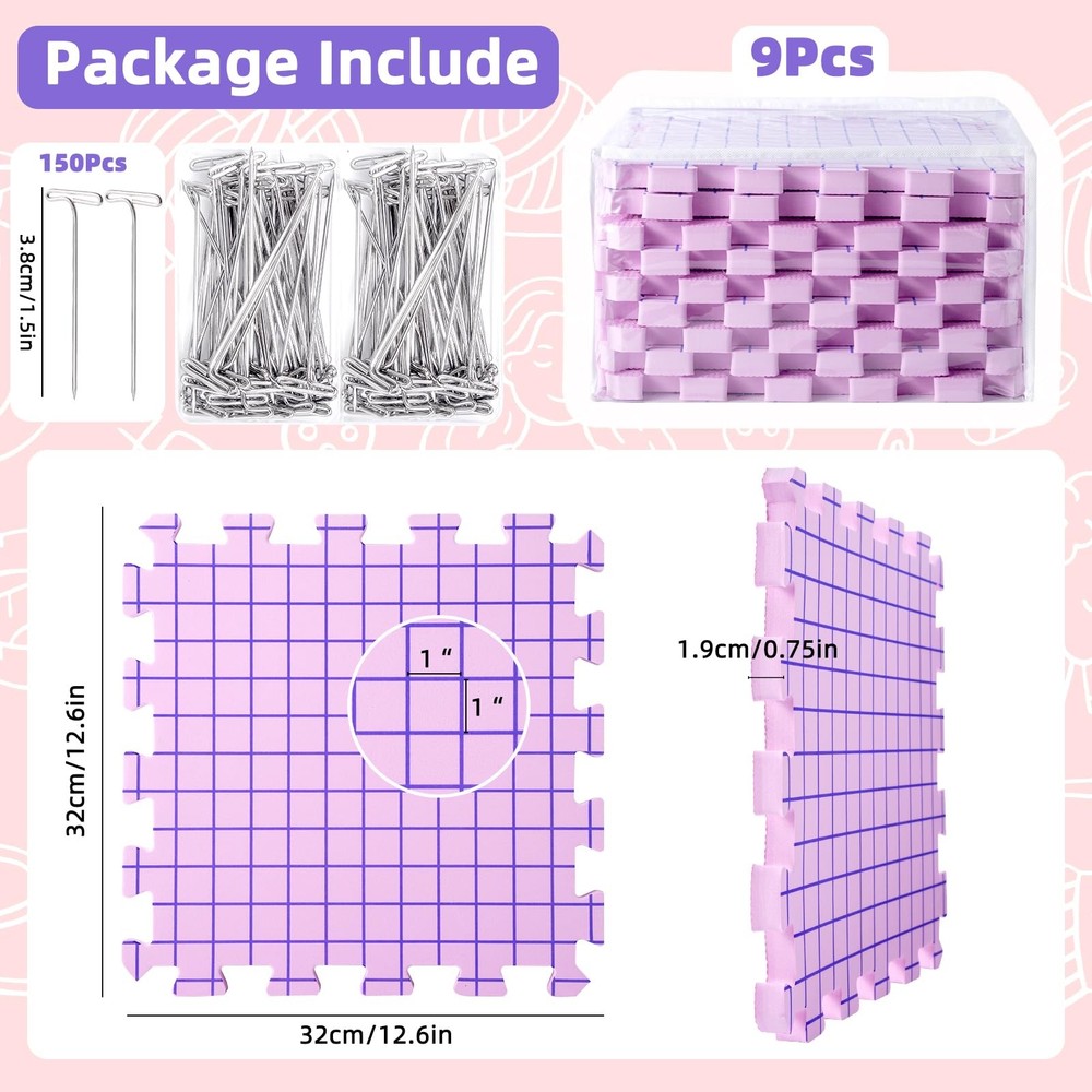 Opstin Knitting Blocking Mats and Pins, Interlocking 2, Purple