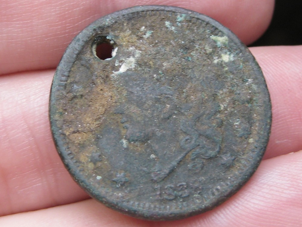 1838 Matron Head Modified Large Cent Penny- Holed, Crusty, Shipwreck Effect