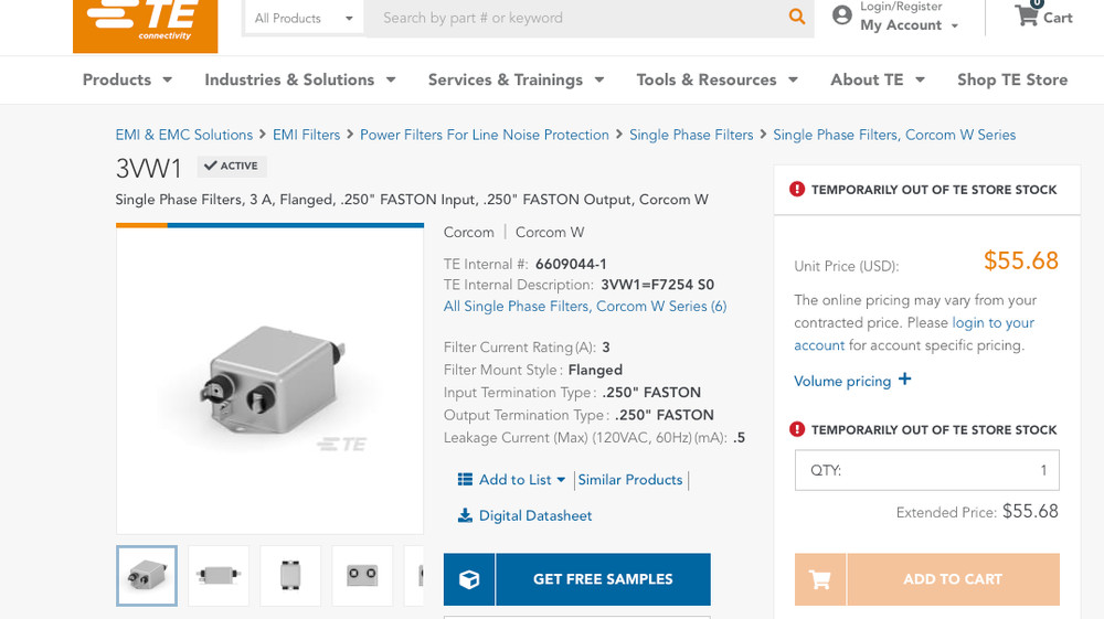 EMI Filter, Single Phase , CORCOM #3VW1