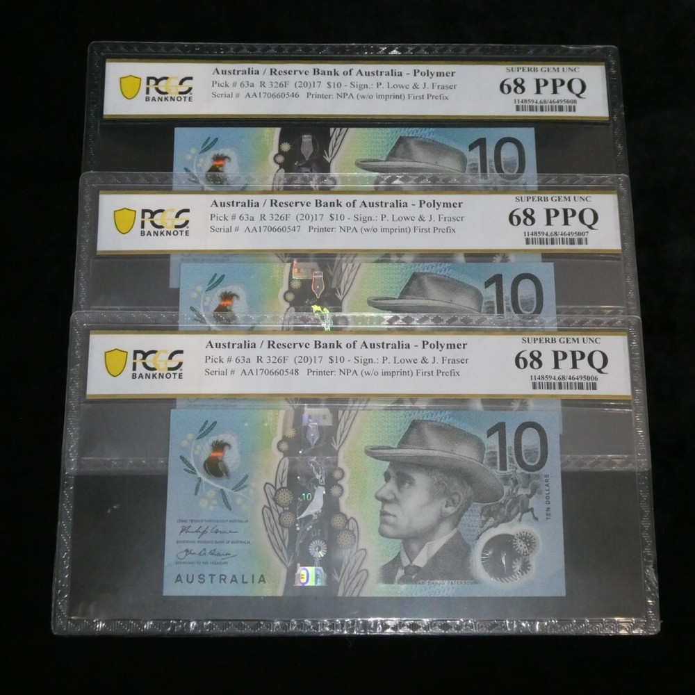 Australia 2017 $10 First Prefix AA17 Consecutive Trio Lowe Fraser Notes PCGS ...