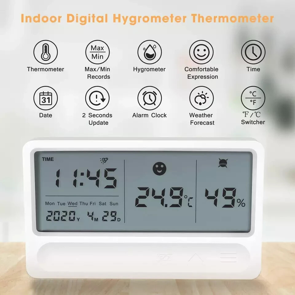 Multi-Function Digital Indoor Hygrometer Thermometer with Date/Time/Alarm/Clock
