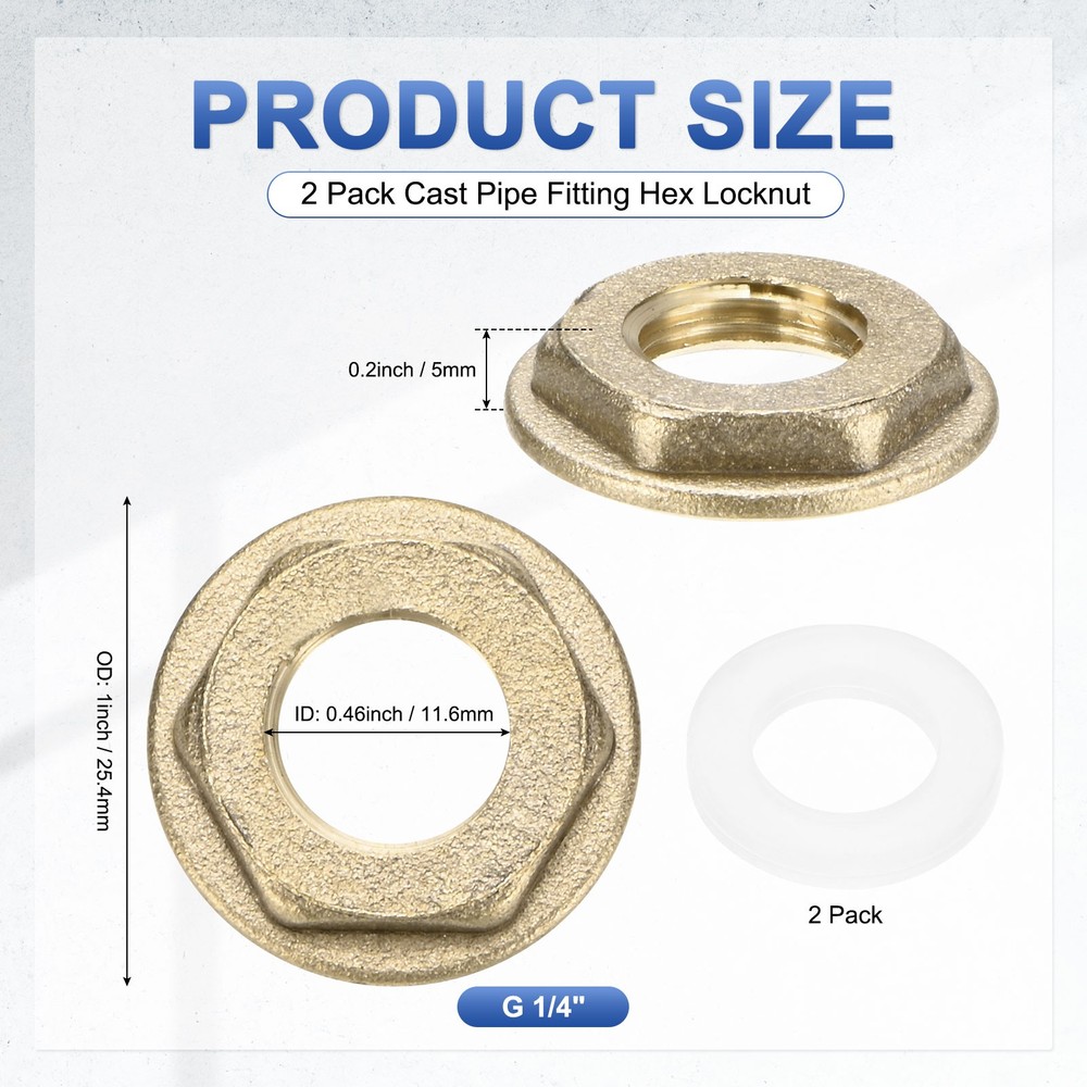 2 Pcs Brass G 1/4" Pipe Fitting Flange Hex Locknuts with Washer